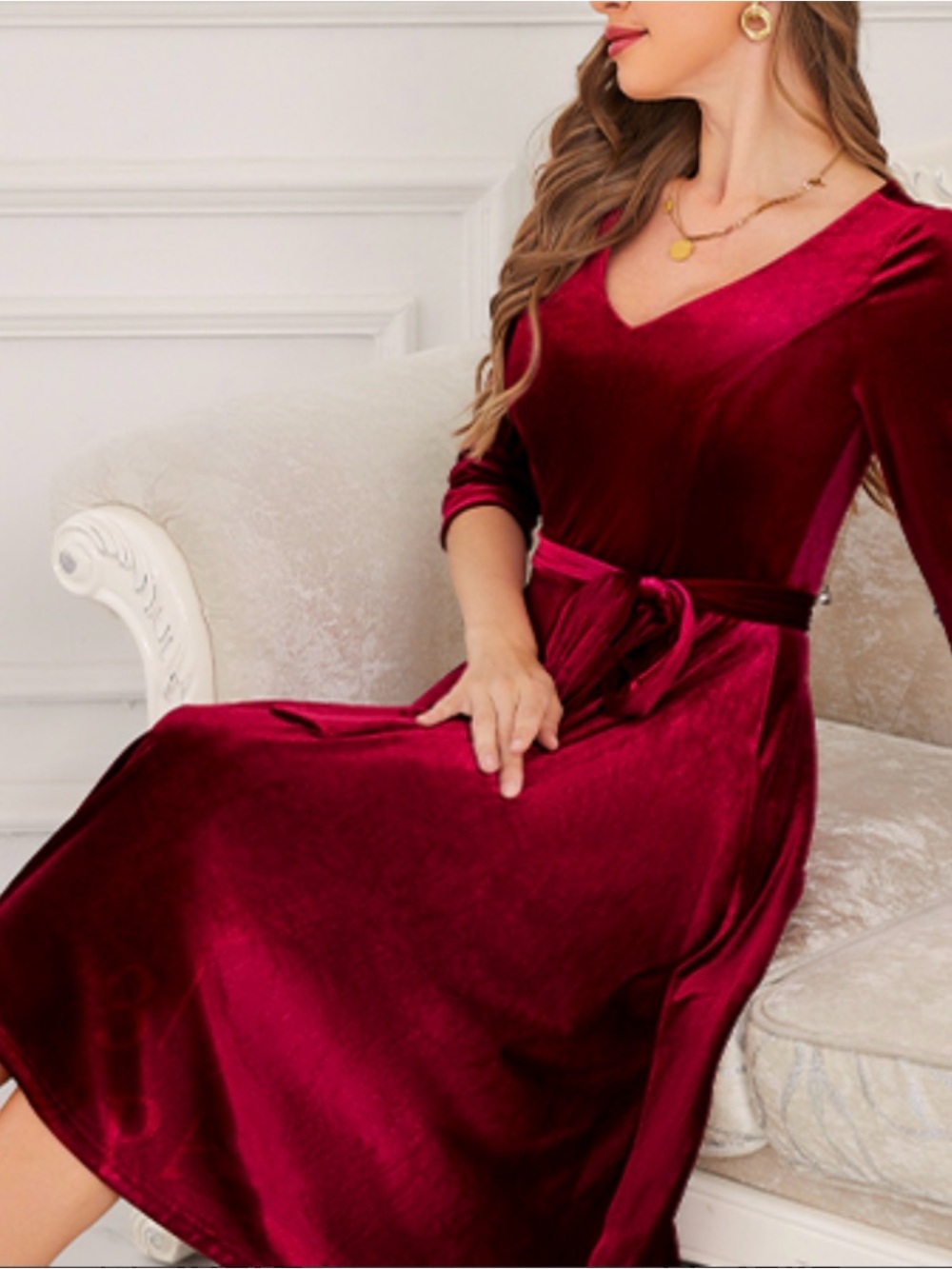 Velvet Midi Tea Dress Fit and Flare V Neck Bracelet Sleeve Cocktail Holiday Med